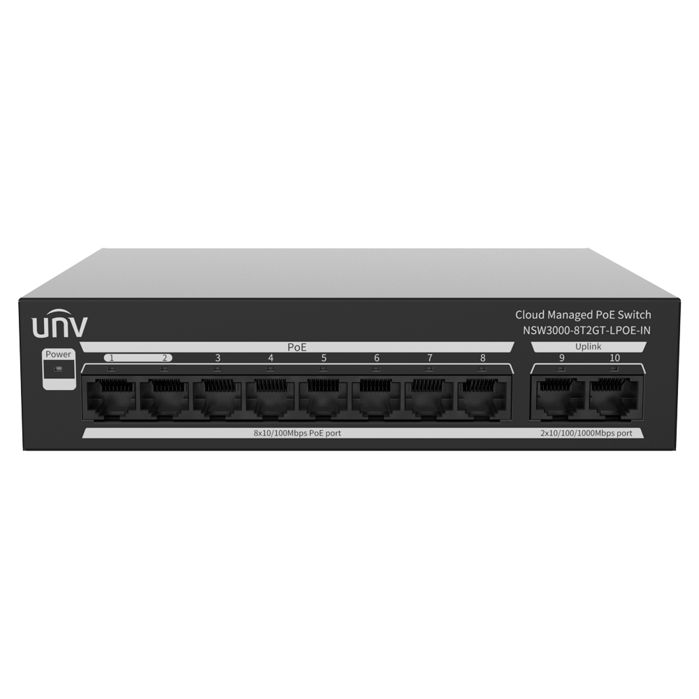 Uniview Switch PoE Cloud Managed - 8 PoE802.3af/at + 2 uplink RJ45 - 8 RJ45 10/100 Mbps + 2 RJ45 10/100/1000 Mbps - 30W per porta 802.3af/at / Massimo 65W - VLAN/Port Isolation/Loop Detection - Limite di Velocità della Porta