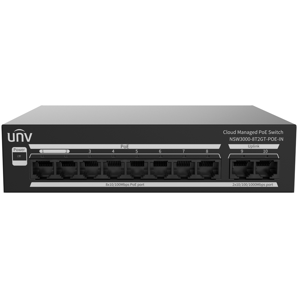 Uniview Switch PoE Cloud Managed - 8 PoE802.3af/at + 2 uplink RJ45 - 8 RJ45 10/100 Mbps + 2 RJ45 10/100/1000 Mbps - 30W per porta 802.3af/at / Massimo 120W - VLAN/Port Isolation/Loop Detection - Limite di Velocità della Porta