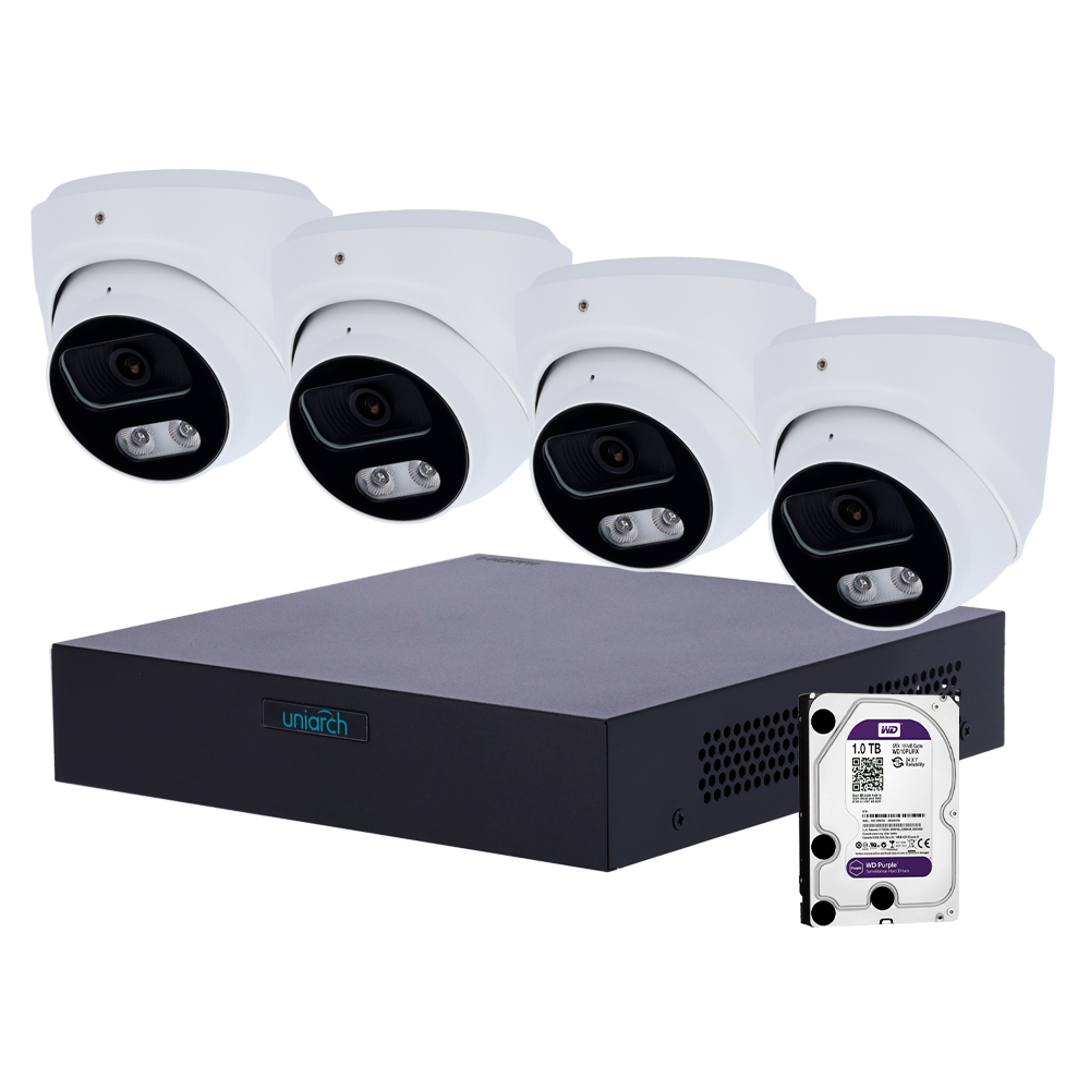 Kit di videosorveglianza Uniarch - NVR a 8 canali IP | 1 TB HDD - 4 Telecamere Turret IP67 - Plug & Play | UMD | PoE - Rilevamento di Persone e Veicoli - Interfaccia WEB