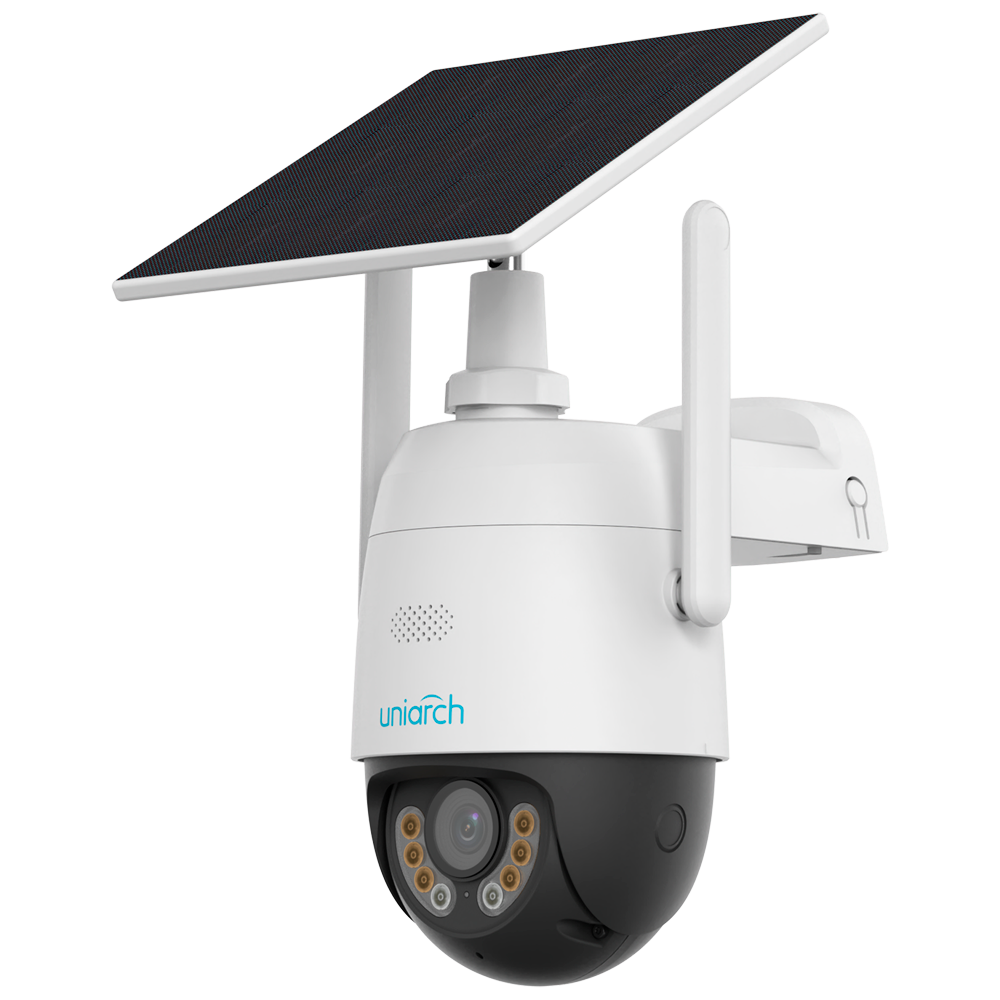 Cámara Domo IP - Gama Uniarch - 3 MP | Lente 4 mm | microSD 512 GB - Luz blanca 30 m | IR 30 m - 4G | Batería solar | AOV | UMD - Mic | Altavoz | IP66