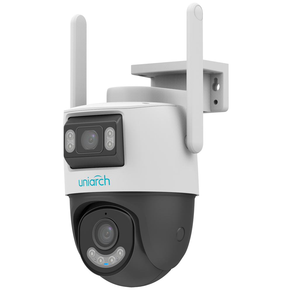 Telecamera IP WiFi Uniarch | 5MP - Doppia ottica 2.8 mm panoramica e 4 mm PTZ  - IR 30m | Luce bianca 30 m | DWDR | MicroSD 512GB - UMD | Allarme manomissione | Rilevamento audio - WiFi | Mic | Altoparlante| IP66 -