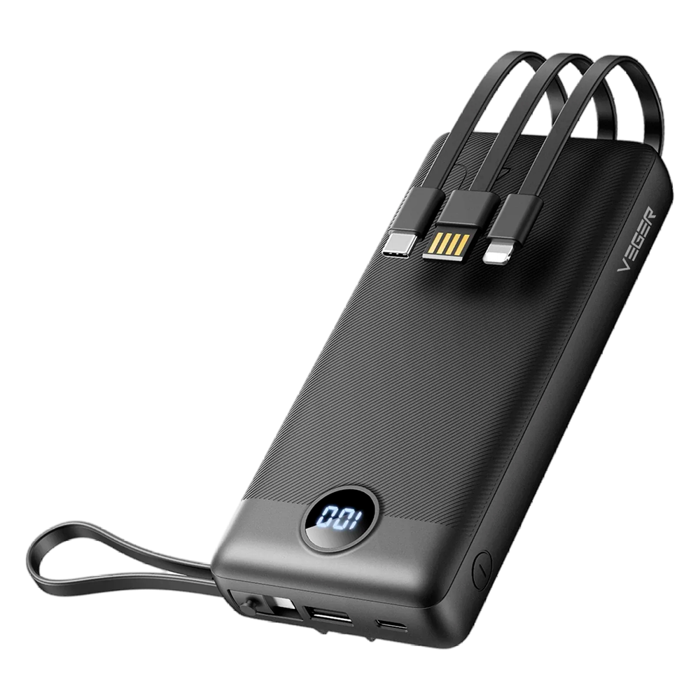 Veger Power Bank  - Capacidad 20000mAh - Entradas USB-C y Cable USB-A - Salidas USB-A y cables incluidos - Cables incluidos: USB-C