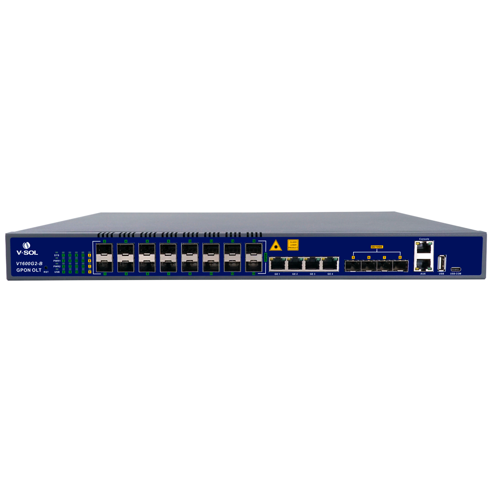 V-SOL 16 Puertos Pon Gpon OLT - 4 Puertos RJ45 GE + 4 SFP+ (1GE/10GE) - Hasta 128 ONT por equipo - Distancia de transmisión hasta 20 km - Enrutamiento Capa 3 ( NAT