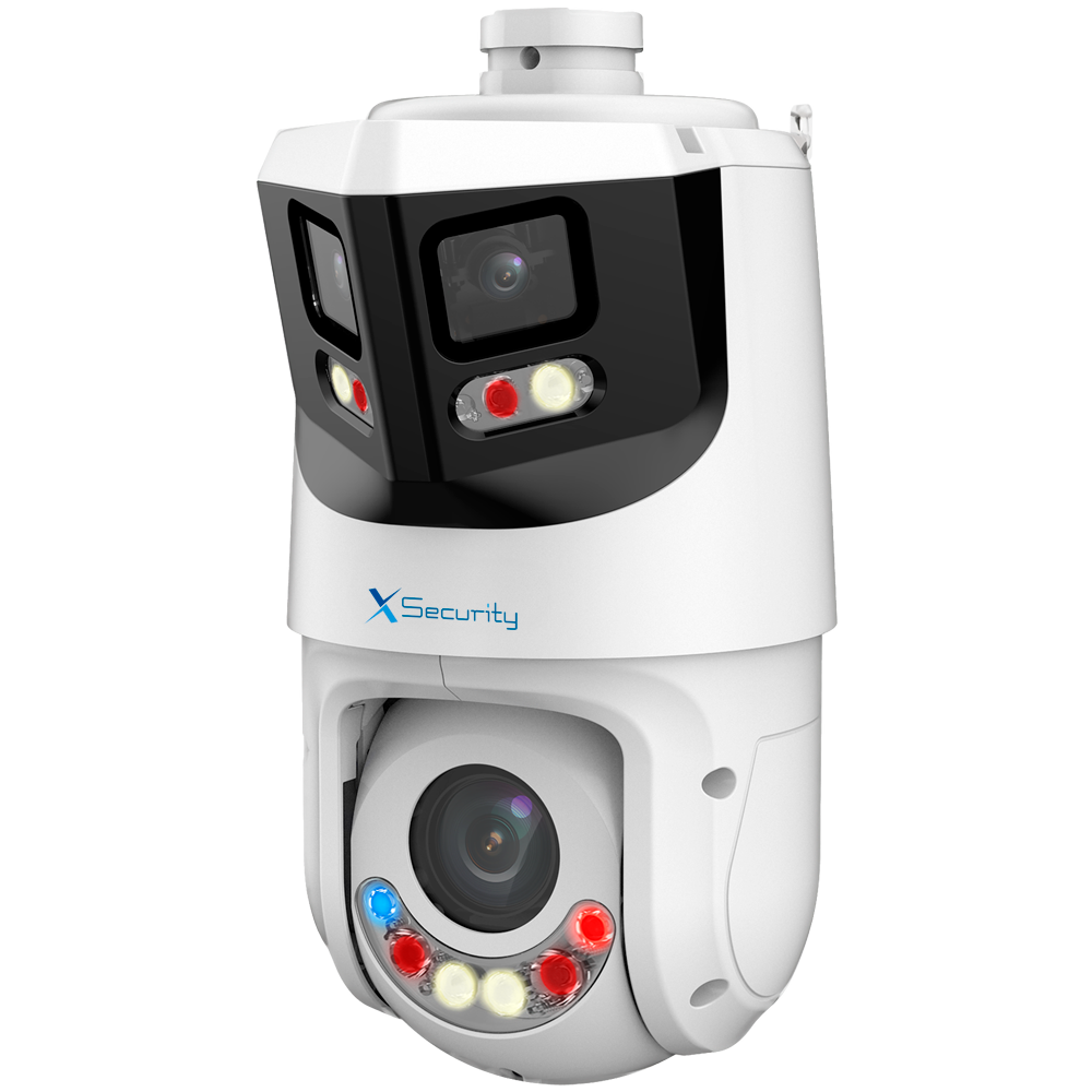 X-Security IP tandem gamma ULTRA - Doppia Ottica (Panoramica 8Mpx + PTZ 4Mpx) - Ottica PTZ 5~125 mm | 25X | PoE+ - Ottica panoramica 2.8 mm | Dual Light 100 m - AutoTracking | Allarmi | Audio | MicroSD | IP66 - IVS | SMD 4.0 | Smartlight | Allarme con effetto deterrente