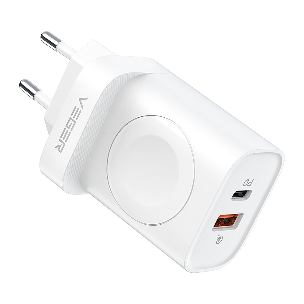 VEGER - Caricabatterie wireless - Potenza 25W - Ricarica veloce 22.5W - Uscite 1USB-A ,1 USB-C e wireless iWatch - Colore bianco