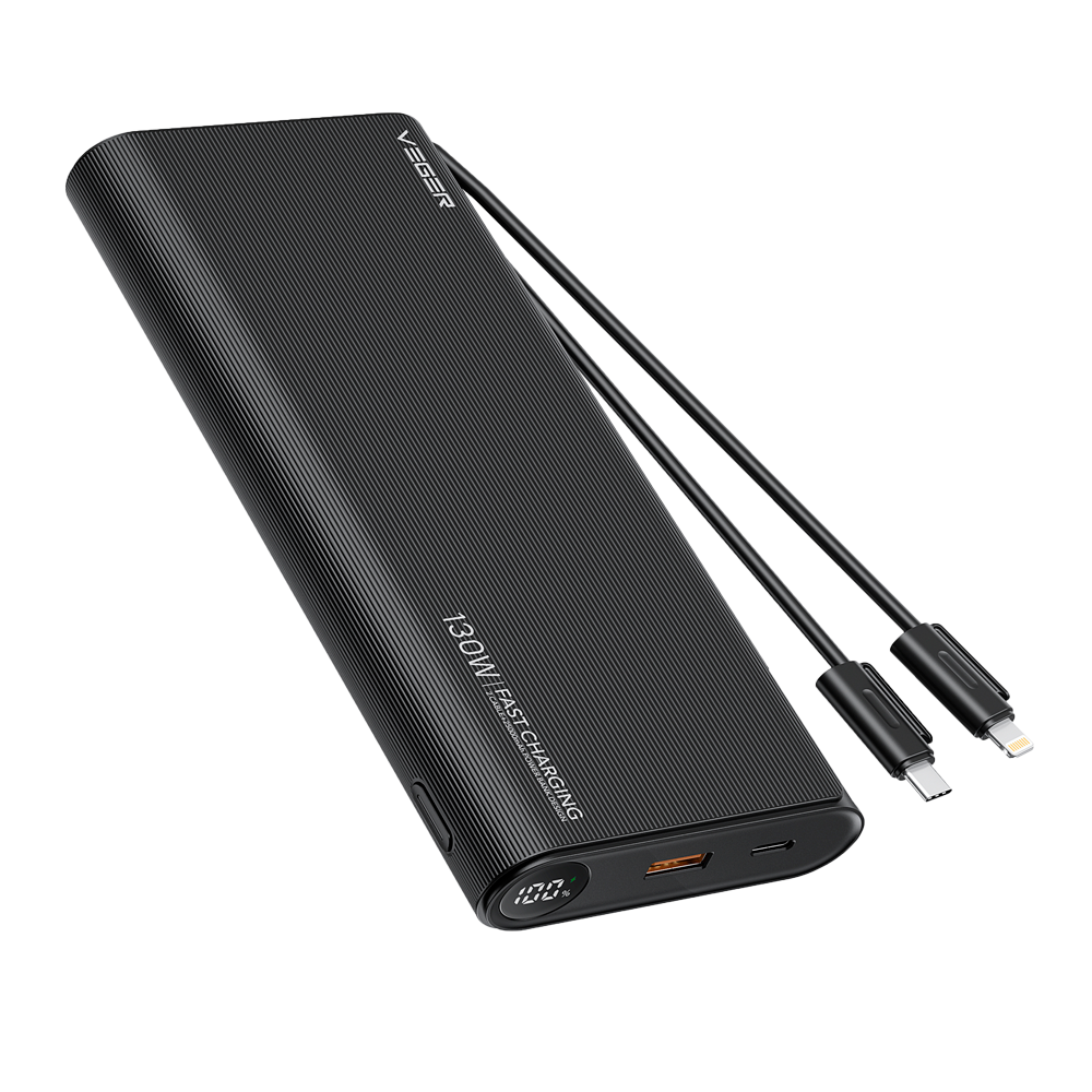 VEGER - Power bank con display LCD - Capacità 25000mAh - Ricarica rapida 130W | Per pc portatili - Cavi integrati - Ricarica di 4 dispositivi contemporaneamente