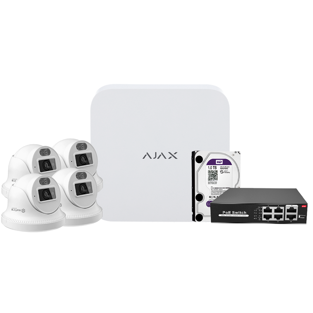 Kit di videosorveglianza Ajax - Videoregistratore Ajax da 8 canali   - 4 telecamere turret da 4 Mpx Safire Smart Dual Light - Switch PoE da 4 canali - Hard disk da 1 TB - Integrazione tramite ONVIF