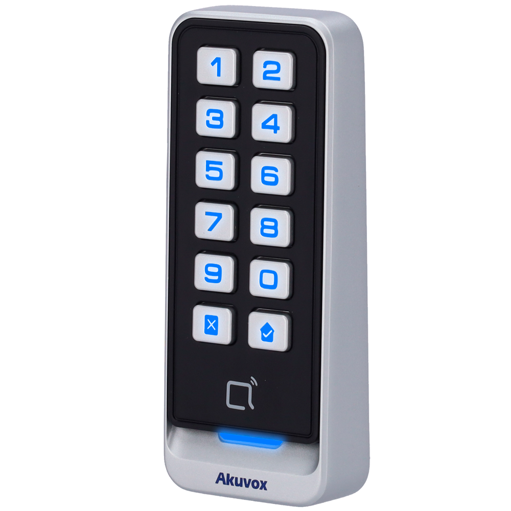 Lettore di accesso - Accesso tramite scheda EM/MF e PIN - Indicatore a LED e acustico - Wiegand 26/34 - Compatibile con i dispositivi Akuvox e di terze parti - Adatto per uso esterno IP65 | Metallo