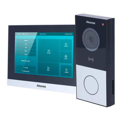 Kit de videoportero Linux - 2 hilos &amp; WiFi | Placa y monitor - Audio bidireccional Crystal Clear - Lector MF