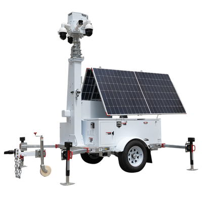 Trailer ad alimentazione autonoma per TVCC  - Pannello solare da 2x600W - Batteria al Litio LiFePo 12000Wh - Palo telescopico fino a 9m - IP65 - Gancio traino e freno a mano manuale - MONTAGGIO NON INCLUSO