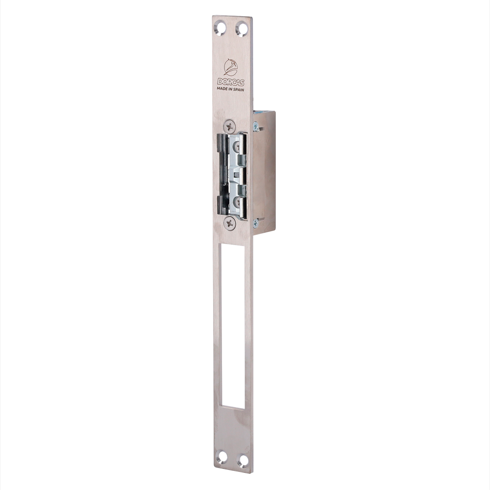 Abrepuertas eléctrico Dorcas - Para puerta sencilla | Pestillo radial regulable - Modo apertura Fail Secure (NO) - Fuerza de retención 330 kg - Alimentación AC/DC 10-24V | Memoria - Hembrilla | Instalación sin corte