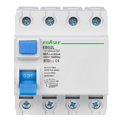 FENIVA | Interruttore differenziale - Corrente nominale 63A - 4 poli (installazioni trifase) - Sensibilità 300mA - Tipo di attivazione AC - Per guida DIN / Conforme alle norme IEC/EN 61008-1