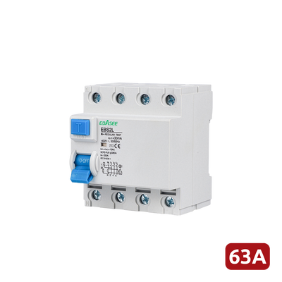 Interruptor diferencial - Corriente nominal 63A - 4 polos (instalaciones trifásicas) - Sensibilidad 30mA - Tipo de disparo A - Para carril DIN