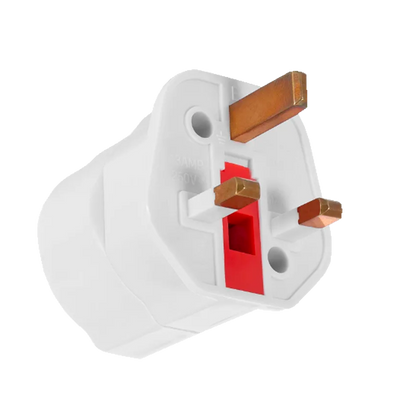 Adaptador  - Enchufe Tipo F (EU) a Enchufe Tipo G (UK) - Voltaje 250V AC - Potencia Máxima 3250 W - Corriente Máxima de Salida 13 A - Color blanco