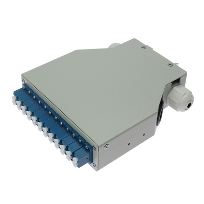 FENIVA | Box di distribuzione in fibra ottica per guida DIN - Include 12 adattatori LC duplex preinstallati - Finitura UPC per una bassa perdita di segnale ottico - Vassoio di giunzione interno integrato - Viene fornito vuoto, senza pigtail - Superfic...