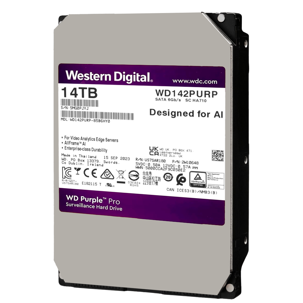 Hard Disk Western Digital - Capacità 14 TB - Interfaccia SATA 6 GB/s - Modello WD142PURP - Speciale per Videoregistratori - Da solo o installato su DVR