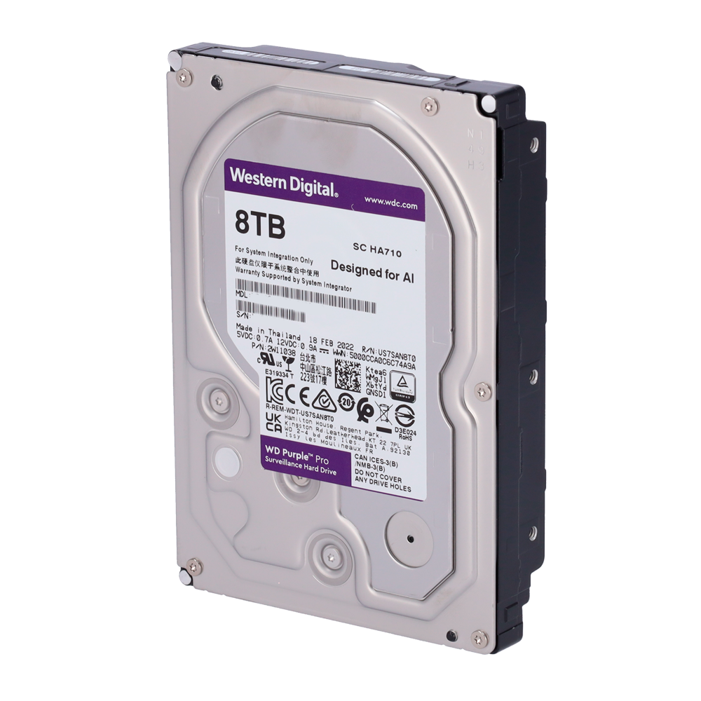 Hard Disk Western Digital - Capacità 8 TB - Interfaccia SATA 6 GB/s - Modello WD8001PURA - Progettato per video intelligenti 24/7 - Supporta fino a 64 telecamere HD