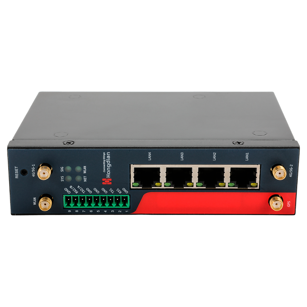 Hongdian Router Industriale 4G - 4G Cat 4 - 4 porte PoE+ Ethernet RJ45 10/100/1000  - Slot per scheda SIM 4G/3G - Porte RS232/RS485 - Wi-Fi 802.11b/g/n 2.4GHz