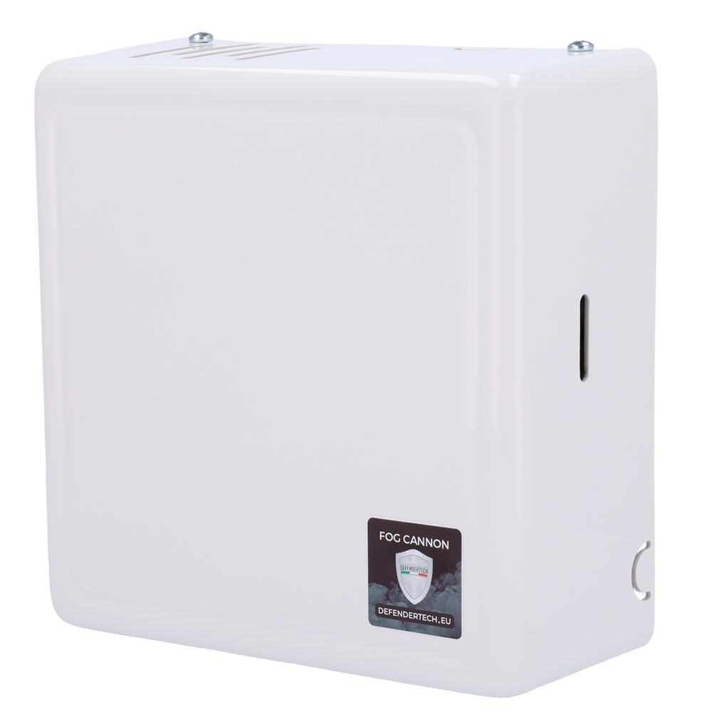 Nebbiogeno Defendertech - 2 relè Ajax installati per l'attivazione e lo sparo - 100 m3 in 60" - Batteria non inclusa - Fino a 2.5 minuti di capacità - Non lascia tracce dopo l'erogazione della nebbia