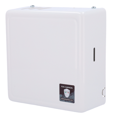 Nebbiogeno Defendertech - 2 relè Ajax installati per l'attivazione e lo sparo - 100 m3 in 60" - Batteria non inclusa - Fino a 2.5 minuti di capacità - Non lascia tracce dopo l'erogazione della nebbia