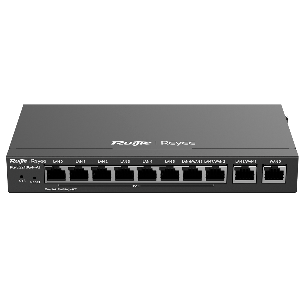 Reyee Router PoE Controller Cloud - 8 Porte PoE+ RJ45 GE + 2 Porte RJ45 GE - 10 Porte RJ45 10/100 /1000 Mbps - Supporta fino a 4 WAN per il failover o il bilanciamento - Fino a 600 Mbps di larghezza di banda - Server VPN IPSec