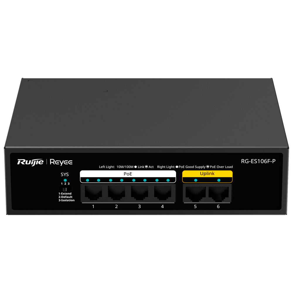 Reyee Switch PoE da Tavolo - Alloggiamento in Metallo - 6 porte RJ45 10/100 Mbps - 4 Porte PoE+ 802.3af/at + 2 Porte Uplink - Plug and Play - Tecnologia a risparmio energetico