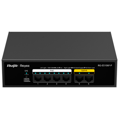 Reyee Switch PoE da Tavolo - Alloggiamento in Metallo - 6 porte RJ45 10/100 Mbps - 4 Porte PoE+ 802.3af/at + 2 Porte Uplink - Plug and Play - Tecnologia a risparmio energetico