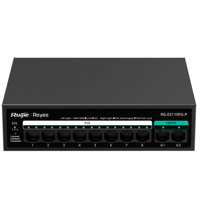 Reyee Switch PoE da Tavolo - Alloggiamento in Metallo - 8 porte RJ45 10/100 Mbps - 8 Porte PoE+ 802.3af/at + 2 Uplink 1G - Plug and Play - Tecnologia di risparmio energetico