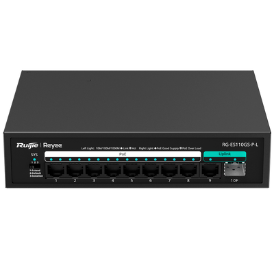 Reyee Switch PoE da Tavolo - 8 Porte RJ45 + 1 Uplink RJ45 + 1 Uplink SFP - 8 Porte Gigabit + 2 Porte Gigabit - 8 Porte PoE+ 802.3af/at | Potenza totale 120W - Isolamento Porte / Flow Control / PoE Watchdog - Plug and Play