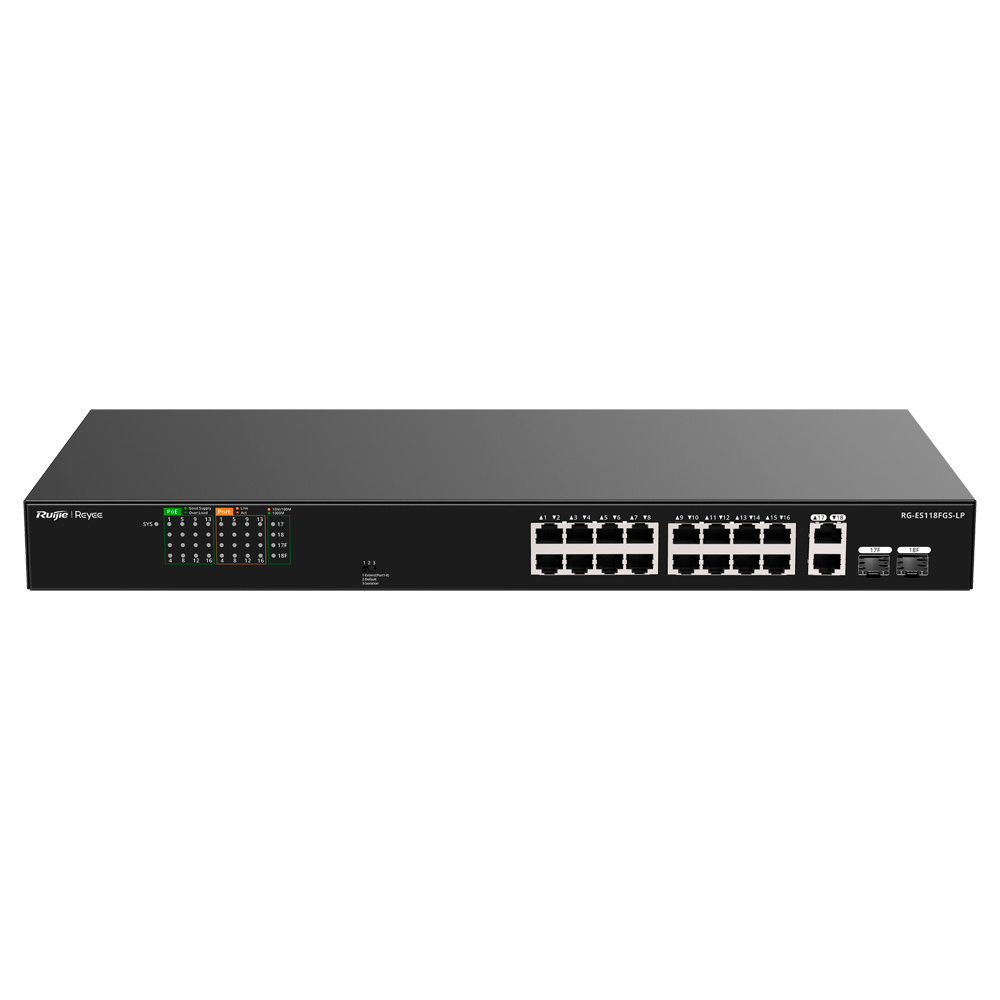 Reyee Switch PoE da Tavolo - Alloggiamento in Metallo - Montaggio su Rack - 16 Porte RJ45 10/100 Mbps + 2 Uplink Gigabit - 16 Porte PoE+ 802.3af/at | Potenza totale 120W - Plug and Play - Tecnologia a risparmio energetico