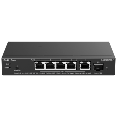 Reyee Switch PoE Cloud Capa 2 - 5 puertos PoE MultiGigabit+ 1 10Gbps SFP+ -  PoE 802.3af/at hasta 30w / Máximo 70W - Static LAG/DHCP Snoop/Port Mirror - VLAN/Port Isolation/PoE Watchdog - Enrackable