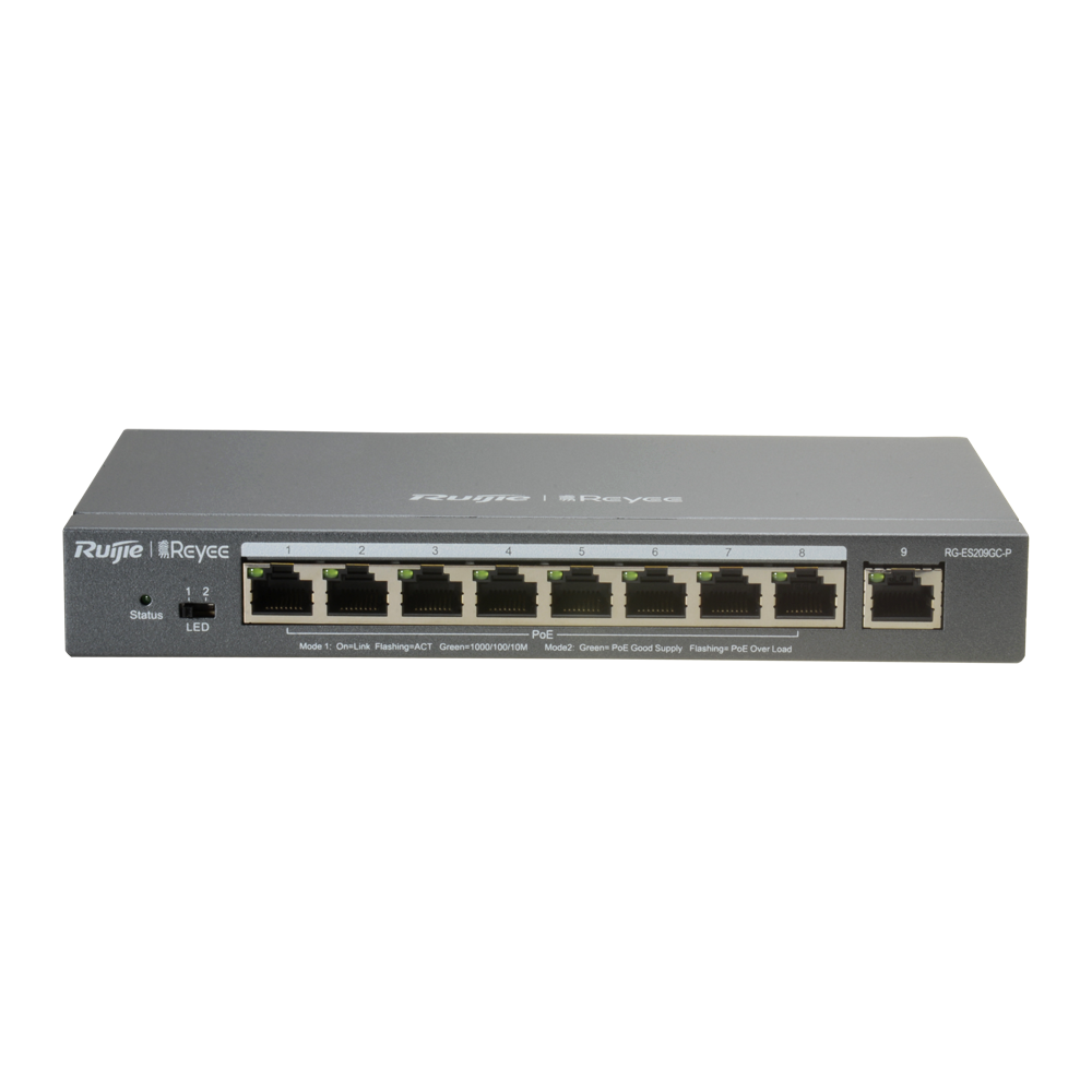 Reyee Switch PoE Cloud Managed - 8 porte PoE 802.3af/at + 1 Uplink RJ45 - 8 RJ45 10/100/1000Mbps + 1 RJ45 10/100/1000Mbps - 30W per porta 802.3af/at / Massimo 120W - VLAN/Port Isolation/Loop Detection - Limite di Velocità della Porta