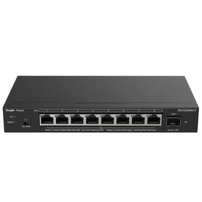 Reyee Switch PoE Cloud Capa 2 - 8 puertos PoE MultiGigabit+ 1 10Gbps SFP+ -  PoE 802.3af/at hasta 30w / Máximo 130W - Static LAG/DHCP Snoop/Port Mirror - VLAN/Port Isolation/PoE Watchdog - Enrackable