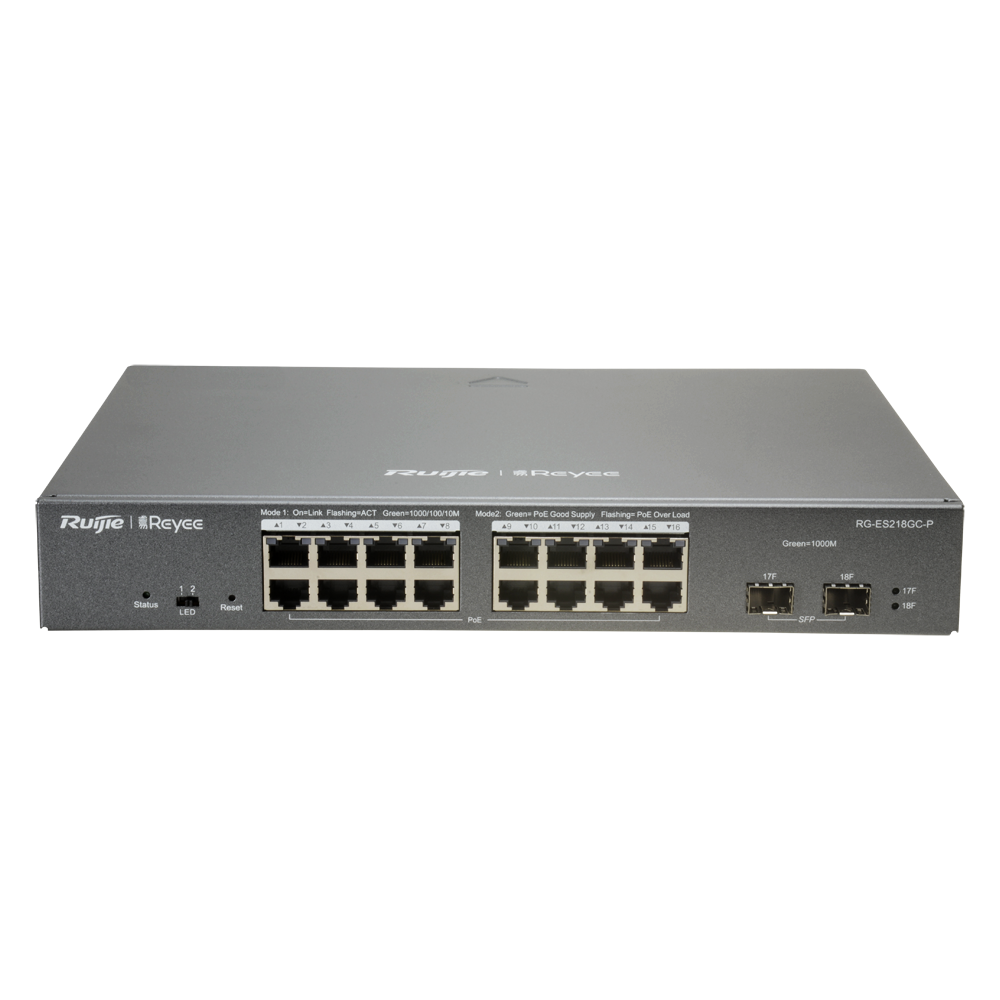 Reyee Switch PoE Cloud Managed - 16 porte PoE 802.3af/at + 2 SFP - 16 RJ45 10/100/1000Mbps + 2 SFP 10/100/1000Mbps - 30W per porta 802.3af/at / Massimo 240W - VLAN/Port Isolation/Loop Detection - Limite di Velocità della Porta