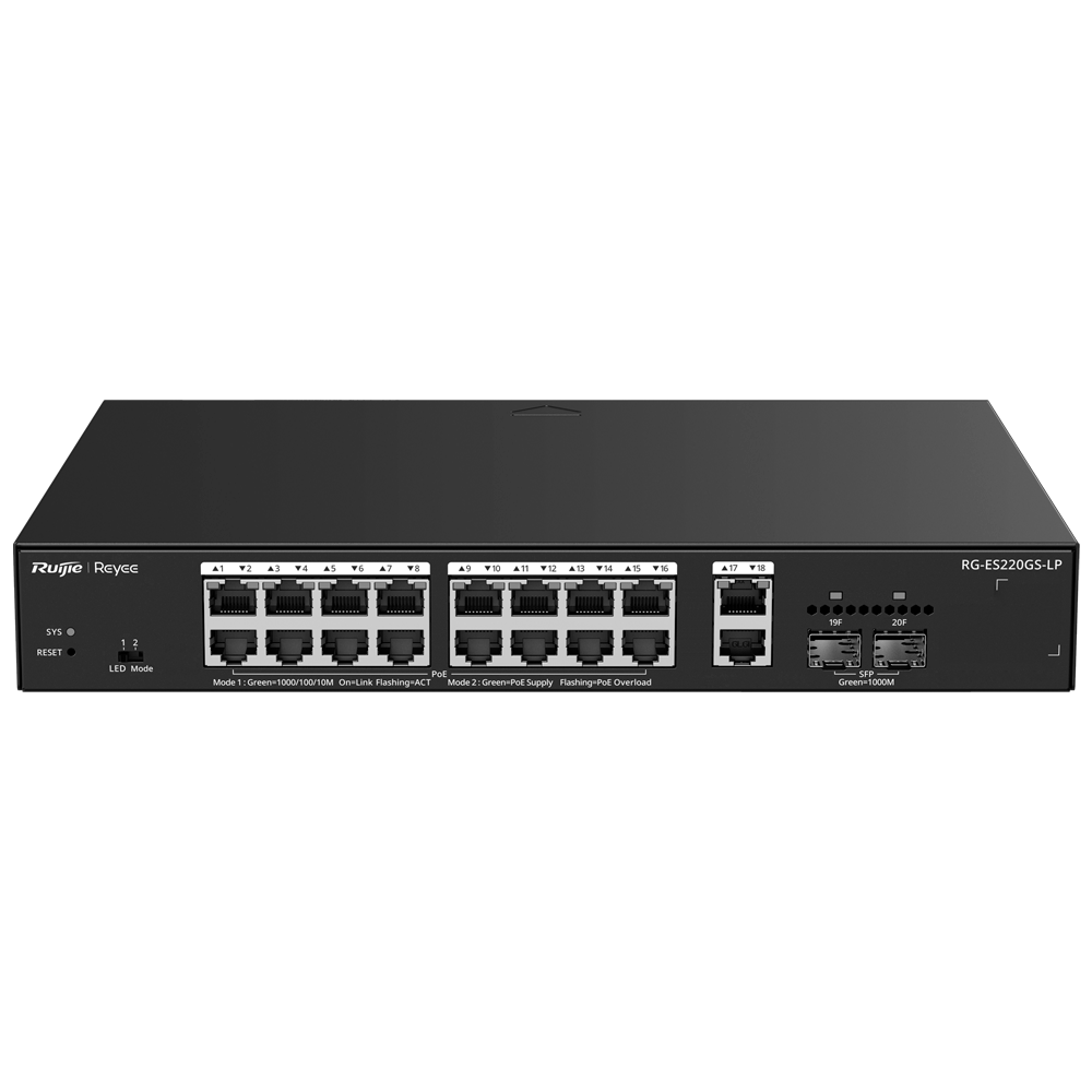 Reyee Switch PoE Cloud Managed - 16 PoE 802.3af/at + 2 SFP + 2 uplink RJ45 - 26 RJ45 10/100/1000Mbps + 2 SFP 10/100/1000 - 30W per porta 802.3af/at / Massimo 130W - VLAN/Port Isolation/Loop Detection - Limite di Velocità della Porta