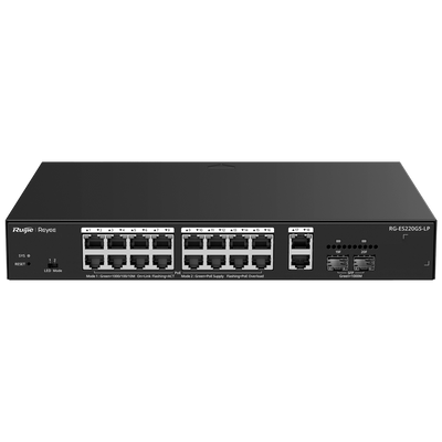 Reyee Switch PoE Cloud Managed - 16 PoE 802.3af/at + 2 SFP + 2 uplink RJ45 - 26 RJ45 10/100/1000Mbps + 2 SFP 10/100/1000 - 30W per porta 802.3af/at / Massimo 130W - VLAN/Port Isolation/Loop Detection - Limite di Velocità della Porta
