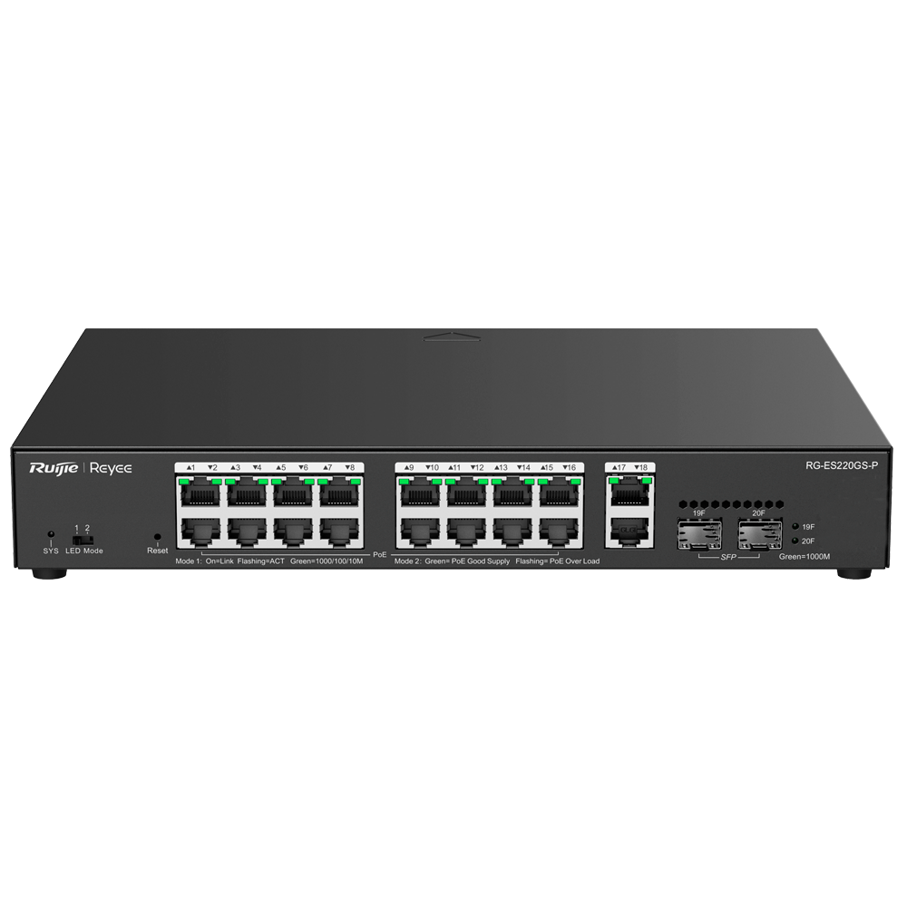 Reyee Switch PoE Cloud Managed - 16 PoE 802.3af/at + 2 SFP + 2 uplink RJ45 - 18 RJ45 10/100/1000Mbps + 2 SFP 10/100/1000 - 30W per porta 802.3af/at / Massimo 250W - VLAN/Port Isolation/Loop Detection - Limite di Velocità della Porta