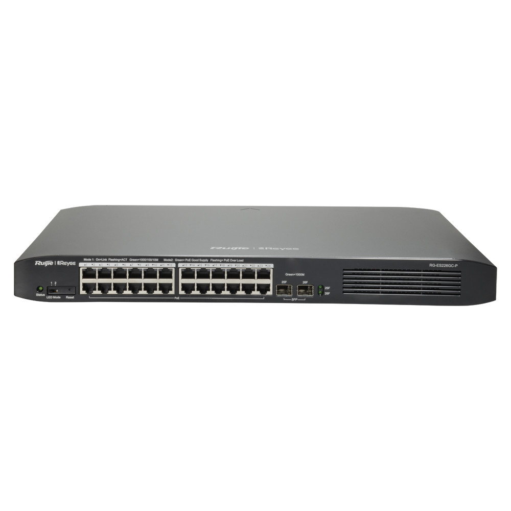 Reyee Switch PoE Cloud Managed - 24 porte PoE 802.3af/at + 2 SFP - 24 RJ45 10/100/1000Mbps + 2 SFP 10/100/1000 - 30W per porta 802.3af/at / Massimo 370W - VLAN/Port Isolation/Loop Detection - Limite di Velocità della Porta