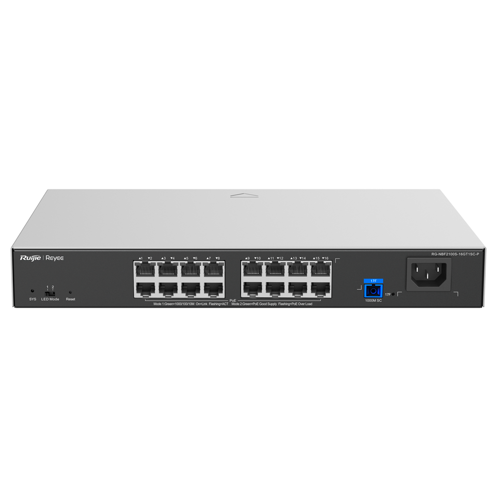 Reyee E-Lighten Switch PoE Cloud Layer 2 - 16 porte RJ45 Gigabit  802.3af/at - 1 Porta ottica SC 1G (PON) - 30W per porta 802.3af/at / Massimo 240W - VLAN/Port Isolation/Loop Prevention - DHCP Snooping/Port Mirroring
