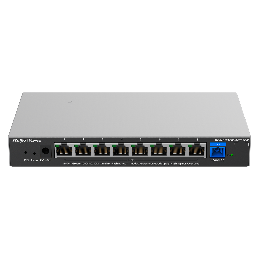 Reyee E-Lighten Switch PoE Cloud Layer 2 - 8 porte RJ45 Gigabit  802.3af/at - 1 Porta ottica SC 1G (PON) - 30W per porta 802.3af/at / Massimo 120W - VLAN/Port Isolation/Loop Prevention - DHCP Snooping/Port Mirroring