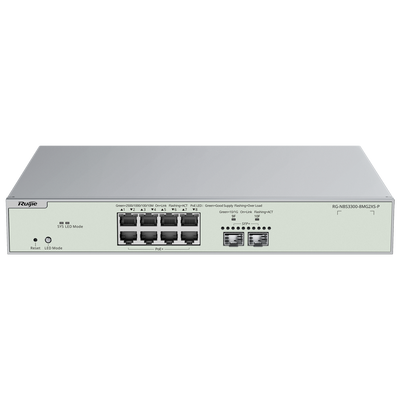 Reyee Switch PoE Cloud Layer  2 - 8 porte PoE MultiGigabit+ 2 10Gbps SFP+ -  PoE 802.3af/at Massimo 240W - Static LAG/DHCP Snooping/IGMP Snooping/Port Mirroring - VLAN/Port Isolation/STP/RSTP/ACL/QoS - Montaggio su rack