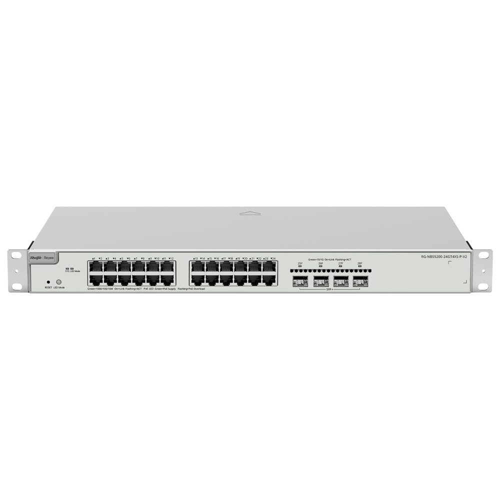 Reyee Switch PoE Cloud Layer  3 - 24 porte PoE RJ45 Gigabit + 4 SFP+ 10Gb - 30W per porta 802.3af/at / Massimo 370W - Static LAG/DHCP Snooping/IGMP Snooping/Port Mirroring - VLAN/Porta Isolation/STP/RSTP/ACL/QoS/802.1X - Server DHCP/Rotte sta...