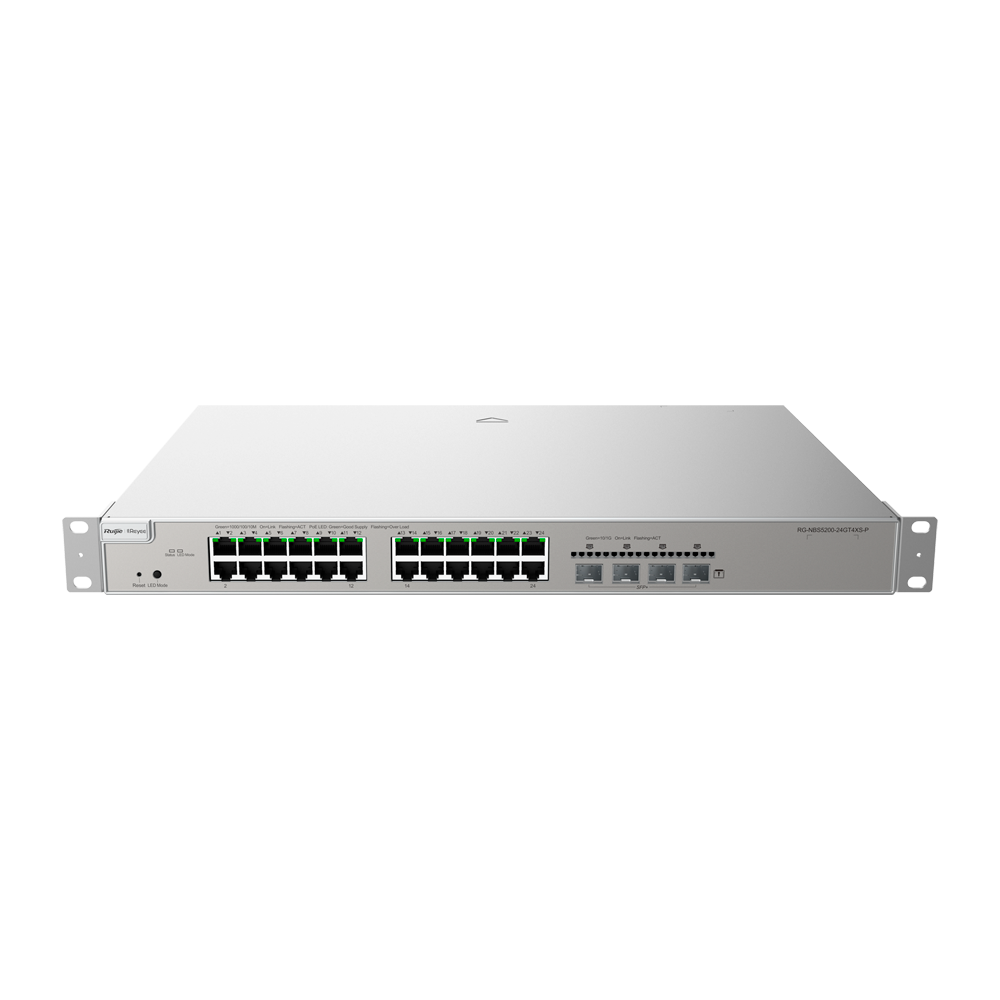 Reyee Switch PoE Cloud Layer  3 - 24 porte PoE RJ45 Gigabit + 4 SFP+ 10Gb - 30W per porta 802.3af/at / Massimo 370W - Static LAG/DHCP Snooping/IGMP Snooping/Port Mirroring - VLAN/Porta Isolation/STP/RSTP/ACL/QoS/802.1X - Server DHCP/Rotte sta...