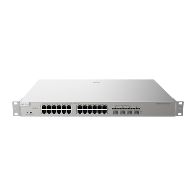 Reyee Switch PoE Cloud Layer  3 - 24 porte PoE RJ45 Gigabit + 4 SFP+ 10Gb - 30W per porta 802.3af/at / Massimo 370W - Static LAG/DHCP Snooping/IGMP Snooping/Port Mirroring - VLAN/Porta Isolation/STP/RSTP/ACL/QoS/802.1X - Server DHCP/Rotte sta...