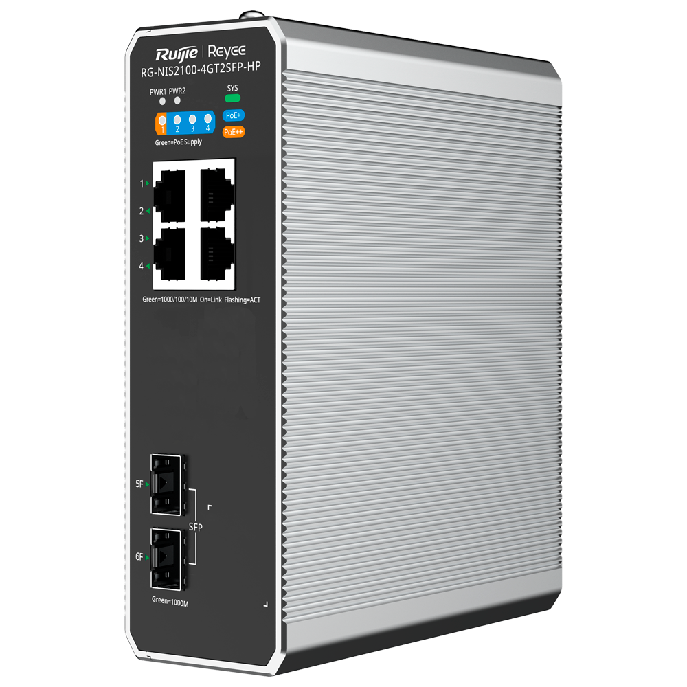 Reyee Switch Industriale PoE Cloud Layer 2 - 4 porte RJ45 Gigabit + 2 porte SFP Gigabit - 4 Porte PoE+ 30W + 1 Porte Hi-PoE 90W - PoE esteso (porte 3~4) / Port Isolation - VLAN/ERPS/Loop Prevention/Watchdog/DHCP Snooping - Montaggio su guida DIN