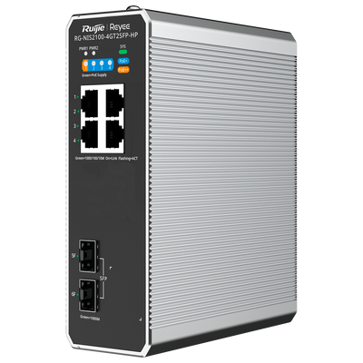 Reyee Switch Industriale PoE Cloud Layer 2 - 4 porte RJ45 Gigabit + 2 porte SFP Gigabit - 4 Porte PoE+ 30W + 1 Porte Hi-PoE 90W - PoE esteso (porte 3~4) / Port Isolation - VLAN/ERPS/Loop Prevention/Watchdog/DHCP Snooping - Montaggio su guida DIN