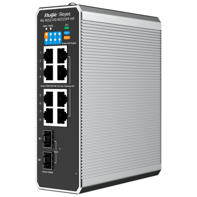 Reyee Switch Industriale PoE Cloud Layer 2 - 8 porte RJ45+ Gigabit + 2 porte SFP Gigabit - 8 Porte PoE+ 30W + 1 Porte Hi-PoE 90W - PoE esteso (porte 5~8) / Port Isolation - VLAN/ERPS/Loop Prevention/Watchdog/DHCP Snooping - Montaggio su guida DIN