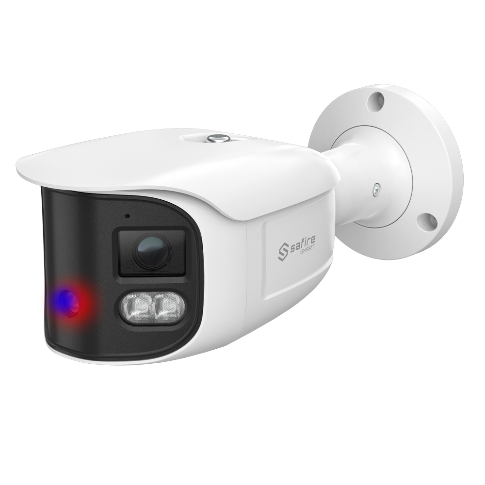 Safire Smart - Cámara Bullet IP gama I1 panorámica disuasoria - Resolución 8 Megapíxel (4640x1760) - Lente 2x2.8 mm (180º) | Metadatos de vídeo - AI: Clasificación de humano y vehículo - IP66 | PoE.af | Altavoz  y flash policial