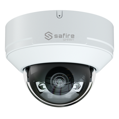 Safire Smart - Telecamera Dome IP gamma E1 Intelligenza Artificiale - Risoluzione 6 Megapixel (3200x1800) - Ottica 2.8 mm | Audio IN | IR e Luce Bianca 50m - IA: Classificazione di persone e veicoli - Waterproof IP67 | PoE (IEEE802.3af) | P2P