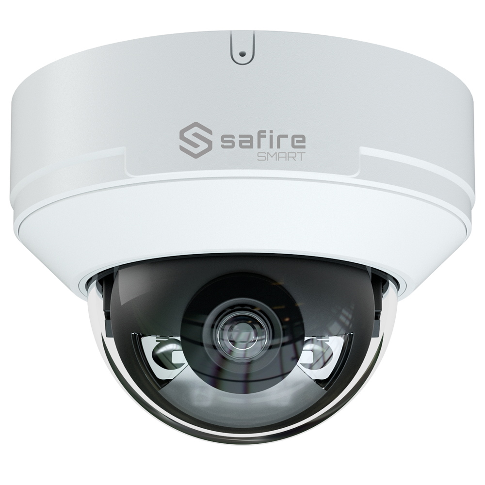 Safire Smart - Telecamera Dome IP gamma E1 Intelligenza Artificiale - Risoluzione 8 Megapixel (3840x2160) - Ottica 2.8 mm | Audio IN | IR e Luce Bianca 50m - IA: Classificazione di persone e veicoli - Waterproof IP67 | PoE (IEEE802.3af) | P2P